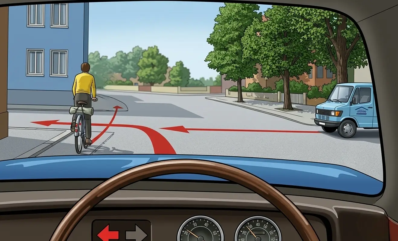 Driver's view turning left with a cyclist ahead on the left and a blue truck on the right